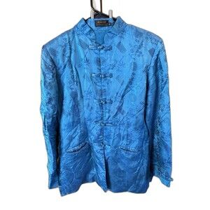 OM Gallery Women Jacquard Vietnamese Silk Handmade Blouse Frog Button Blue Lined